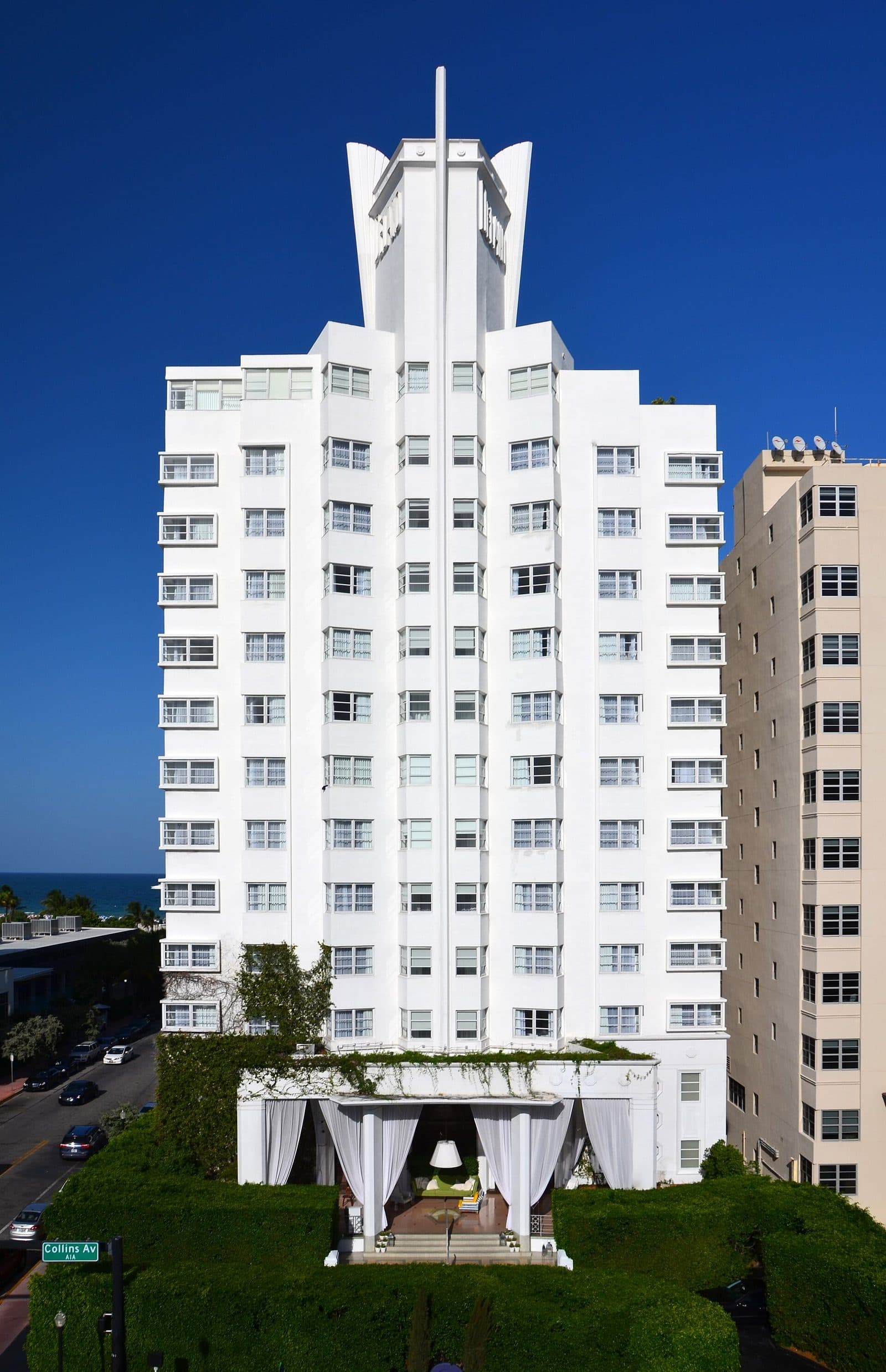 The white Art Deco tower of the Delano on Collins Avenue, Miami Beach