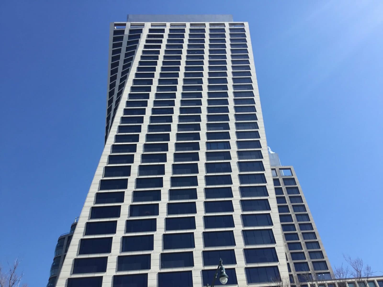 The tapering travertine tower of One High Line in West Chelsea, home of Faena New York
